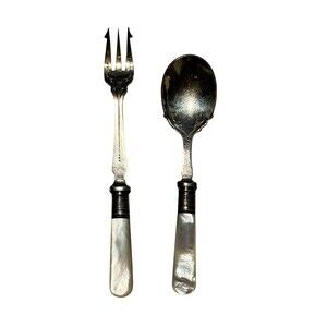 Antique EPNS Mother of Pearl Handle Pickle Fork & Jam Spoon Set Ornate